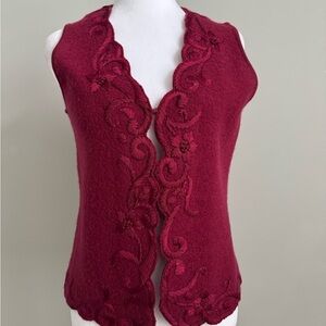 Coldwater Creek 100% Wool Burgundy Embroidered Sweater Vest